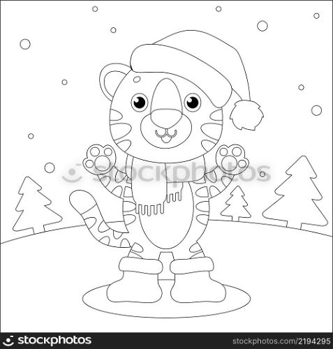 Coloring book page for kids. Christmas tiger. Cartoon style character. Vector illustration isolated on white background.