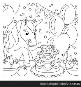 Coloring book page for kids. The unicorn at the birthday party looks at the cake. Cartoon style character. Vector illustration isolated on white background.