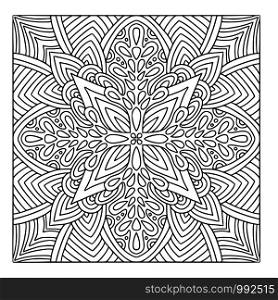 Coloring book page. Modern linear pattern. Black and white background. Template for textile. Ornamental square pattern with geometric ornament. Coloring book page. Modern linear pattern. Black and white background. Template for textile. Ornamental square pattern with geometric ornament.