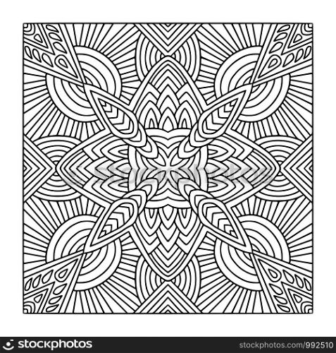 Coloring book page print pattern. Linear black and white background. Template for textile. Ornamental square pattern with geometric ornament. Coloring book page print pattern. Linear black and white background. Template for textile. Ornamental square pattern with geometric ornament.