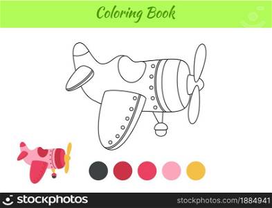 Coloring book plane for kids. Educational activity page for preschool years kids and toddlers with transport. Printable worksheet. Cartoon colorful vector illustration.