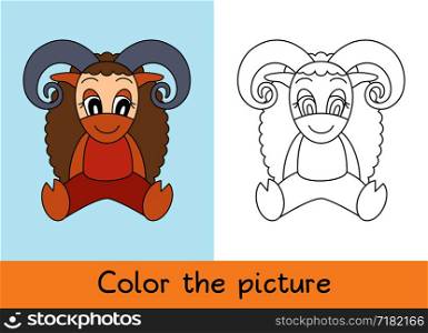 Coloring book. Ram, sheep. Cartoon animall. Kids game. Color picture. Learning by playing. Task for children