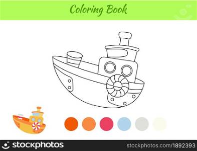 Coloring book ship for kids. Educational activity page for preschool years kids and toddlers with transport. Printable worksheet. Cartoon colorful vector illustration.