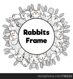 Coloring book style frame with place for your text. Adult and kids coloring page with funny rabbits. Vector illustration