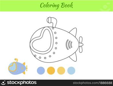 Coloring book submarine for kids. Educational activity page for preschool years kids and toddlers with transport. Printable worksheet. Cartoon colorful vector illustration.