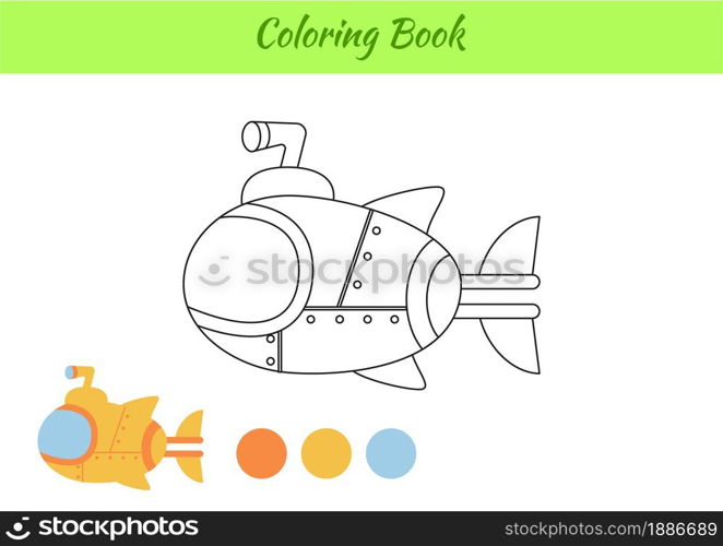 Coloring book submarine ship for children. Educational activity page for preschool years kids and toddlers with transport. Printable worksheet. Cartoon colorful vector illustration.