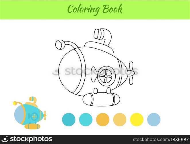 Coloring book submarine ship for kids. Educational activity page for preschool years kids and toddlers with transport. Printable worksheet. Cartoon colorful vector illustration.