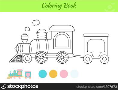 Coloring book train for children. Educational activity page for preschool years kids and toddlers with transport. Printable worksheet. Cartoon colorful vector illustration.