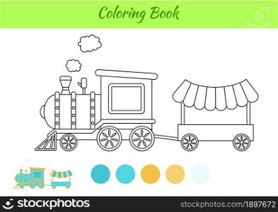 Coloring book train for kids. Printable worksheet. Educational activity page for preschool years kids and toddlers with transport. Cartoon colorful vector illustration.