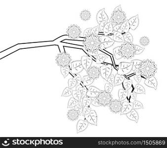 Coloring Branch with Flowers for Adults. Hand drawn artistically ethnic ornament with patterned illustration.