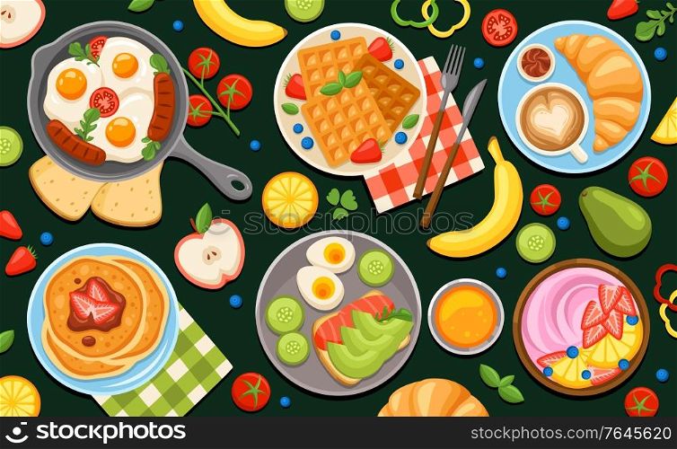 Coloring breakfast chalkboard composition with set of differently served dishes with eggs fruits and sweet pancakes vector illustration
