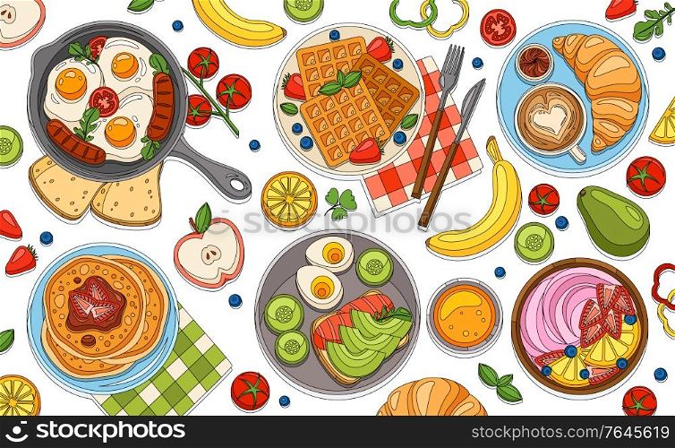 Coloring breakfast composition with set of isolated fruit slices waffles and scrambled eggs on blank background vector illustration