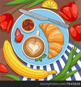 Coloring breakfast croissant coffee composition with flowers and banana fruit strawberry slices on top of table vector illustration