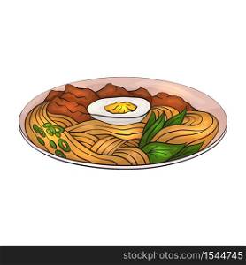 Coloring cartoon illustration of ramen. Noodles. The object is separate from the background. Vector element for the menu, card and your creativity.. Coloring cartoon illustration of ramen. Noodles. The object is separate from the background.