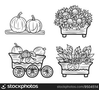 COLORING COLLECTION FOR CHILDREN. Composition with sunflowers in a wheelbarrow, autumn theme coloring book, thanksgiving t-shirt print. COLORING COLLECTION FOR CHILDREN. Composition with sunflowers in a wheelbarrow, autumn theme coloring book, thanksgiving t-shirt print.