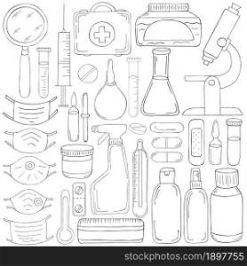 Coloring Collection of vector illustrations. Laboratory assistant doctor tools set in hand draw style. Analysis tools, virus search. Doctor&rsquo;s case, tools. Monochrome medical illustrations. Coloring pages, black and white