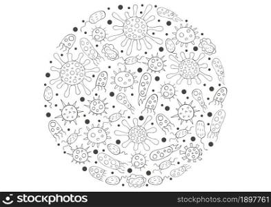 Coloring design elements. Set of cartoon microbes in hand draw style. Coronavirus, viruses, bacteria, microorganisms. Monochrome medical illustrations. Coloring pages, black and white