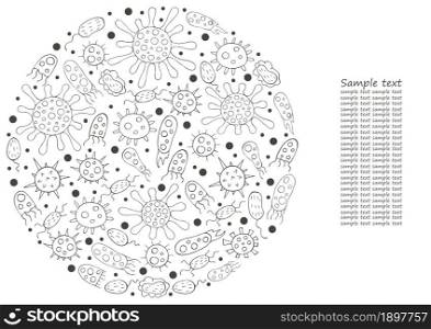 Coloring design elements, text. Set of cartoon microbes in hand draw style. Coronavirus, viruses, bacteria, microorganisms. Monochrome medical illustrations. Coloring pages, black and white