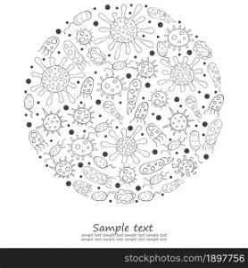 Coloring design elements, text. Set of cartoon microbes in hand draw style. Coronavirus, bacteria, microorganisms. Monochrome medical illustrations. Coloring pages, black and white