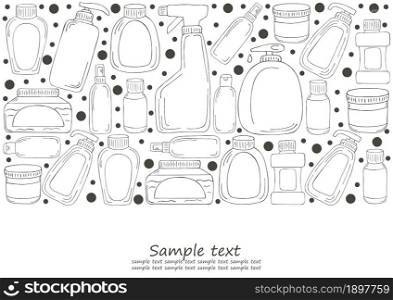 Coloring flyer, banner. Set of bathroom elements in hand draw style. Collection of cans, packages, tubes. Antiseptic, toothpaste, gel, soap cream rinse. Monochrome medical illustrations. Coloring pages, black and white