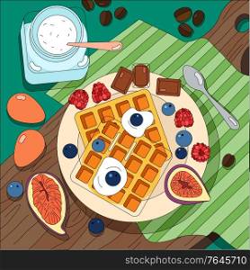 Coloring food background with top view of plate with sweets and fruits on wooden cutting board covered by textile napkin vector illustration