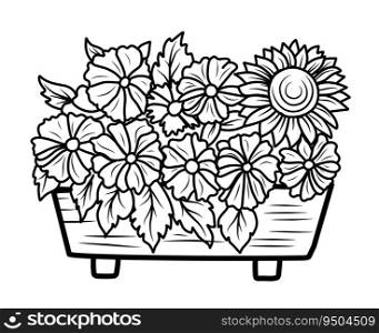 COLORING FOR CHILDREN. Composition with sunflowers in the BALCONY DRAWER, coloring autumn theme. COLORING FOR CHILDREN. Composition with sunflowers in the BALCONY DRAWER, coloring autumn theme.