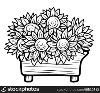 COLORING FOR CHILDREN. Composition with sunflowers in the BALCONY DRAWER, coloring autumn theme. COLORING FOR CHILDREN. Composition with sunflowers in the BALCONY DRAWER, coloring autumn theme.