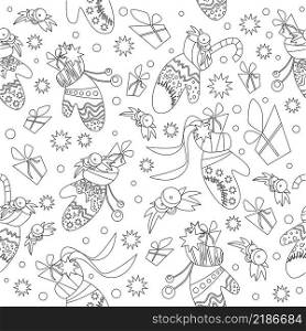 Coloring for kids and adults. Christmas gloves and socks contour on white background. Seamless pattern. Vector illustration.