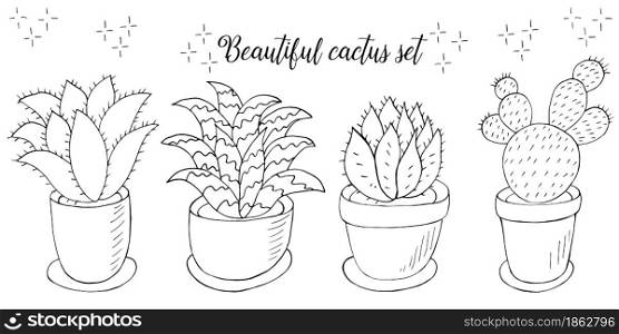Coloring illustration. Set of cartoon images of cacti in flower pots. Cacti, aloe, succulents in a creative collection. Print pin, badge, sticker. Decorative natural elements are isolated on white. Set of cartoon images of cacti. Cacti, aloe, succulents. Collection Decorative natural elements