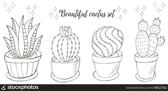Coloring illustration. Set of cartoon images of cacti in flower pots. Cacti, aloe, succulents. Collection Decorative natural elements are isolated on white. Set of cartoon images of cacti. Cacti, aloe, succulents. Collection Decorative natural elements