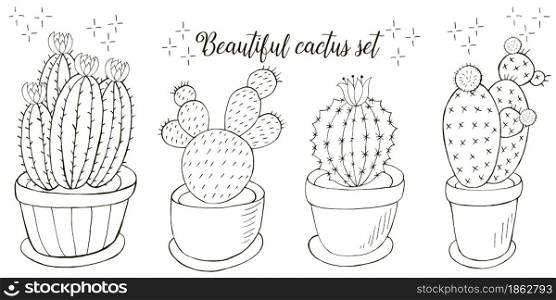 Coloring illustration. Set of cartoon images of cacti in flower pots. Cacti, aloe, succulents. Collection natural elements are isolated on white. Set of cartoon images of cacti. Cacti, aloe, succulents. Collection Decorative natural elements
