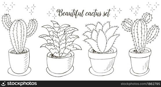 Coloring illustration. Set of cartoon images of cacti in flower pots. Cacti, aloe, succulents. Collection natural elements. Set of cartoon images of cacti. Cacti, aloe, succulents. Collection Decorative natural elements