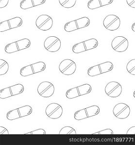 Coloring medical drugs in hand draw style. Seamless pattern on a white background. Background for packaging, advertising of tablets, capsules. Monochrome medical seamless pattern. Coloring pages, black and white