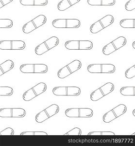 Coloring medical drugs in hand draw style. Seamless pattern on a white background. Background for packaging, advertising of tablets. Monochrome medical seamless pattern. Coloring pages, black and white
