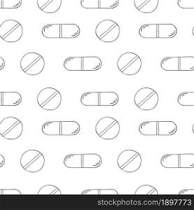 Coloring medical drugs in hand draw style. Seamless pattern on a white background. Background for packaging, advertising. Monochrome medical seamless pattern. Coloring pages, black and white