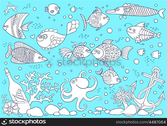 Coloring of underwater world. Aquarium with fish, octopus, corals, anchor, shells, stones, bottle with sailboat. Vector illustration.