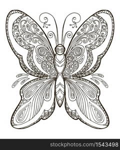 Coloring ornamental fantasy butterfly. Vector decorative abstract vector contour illustration isolated on white background. Stock illustration for adult coloring, design, print, decoration and tattoo.