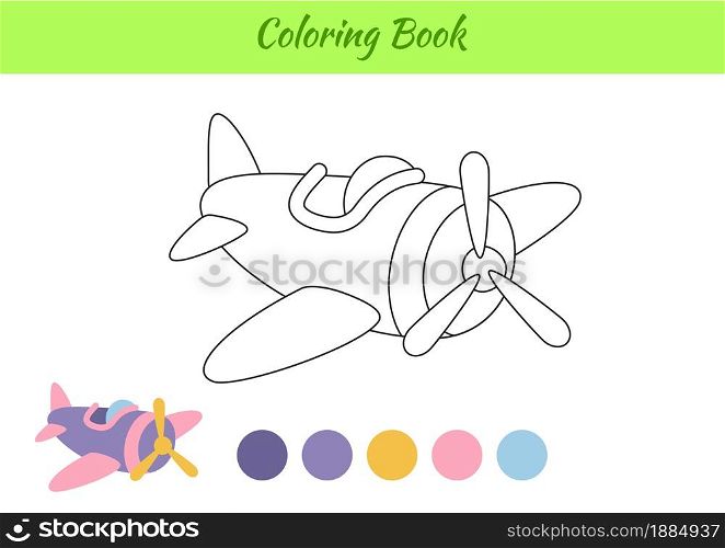 Coloring page airplane for children. Educational activity page for preschool years kids and toddlers with transport. Printable worksheet. Cartoon colorful vector illustration.