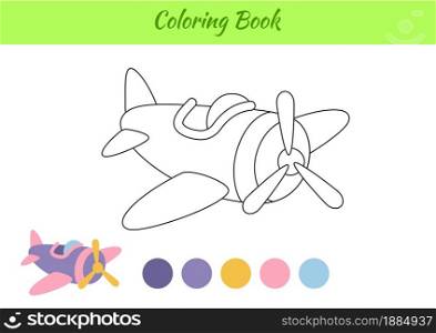 Coloring page airplane for children. Educational activity page for preschool years kids and toddlers with transport. Printable worksheet. Cartoon colorful vector illustration.