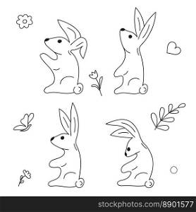 Coloring page bunnie. Different poses Rabbit Vector character illustration. Heart flower butterflies. Animal for icons, stickers, cover, print, textile, merch with rabbit, pattern, paper, scrapbooking. Coloring page bunnie. Different poses Rabbit Vector character illustration. Heart flower butterflies