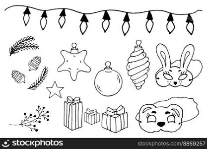 Coloring page. Christmas balls spiral stars tree brunch mask gift pine cones. Vector illustration. Elements for coloring, printing, design illustrations in the style of outline. Coloring page. Christmas balls spiral stars tree brunch mask gift pine cones. Vector illustration.