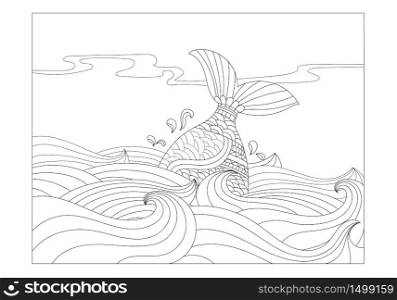 Coloring page composition art pattern. The fish in the sea Coloring book for adult and children. Anxiety illustration. Horizontal composition.