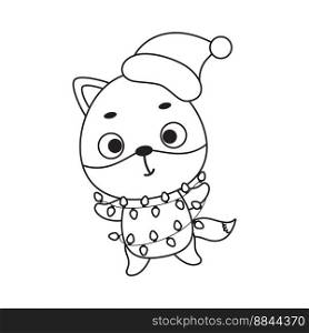 Coloring page cute Christmas fox with garland. Coloring book for kids. Educational activity for preschool years kids and toddlers with cute animal. Vector stock illustration