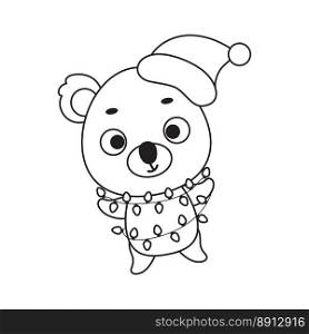 Coloring page cute Christmas koala with garland. Coloring book for kids. Educational activity for preschool years kids and toddlers with cute animal. Vector stock illustration