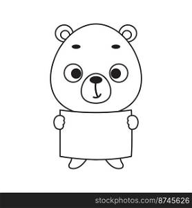 Coloring page cute little bear holds paper sheet. Coloring book for kids. Educational activity for preschool years kids and toddlers with cute animal. Vector stock illustration