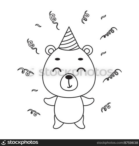 Coloring page cute little bear in birthday hat. Coloring book for kids. Educational activity for preschool years kids and toddlers with cute animal. Vector stock illustration