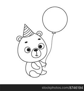 Coloring page cute little bear in birthday hat hold balloon. Coloring book for kids. Educational activity for preschool years kids and toddlers with cute animal. Vector stock illustration