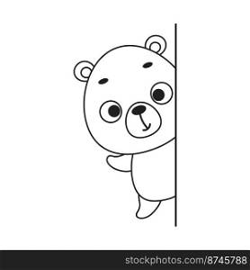 Coloring page cute little bear peeking around corner. Coloring book for kids. Educational activity for preschool years kids and toddlers with cute animal. Vector stock illustration