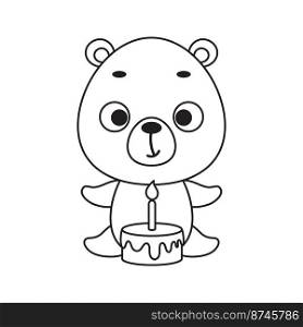 Coloring page cute little bear with birthday cake. Coloring book for kids. Educational activity for preschool years kids and toddlers with cute animal. Vector stock illustration