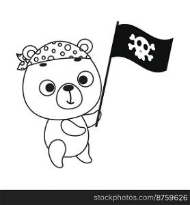 Coloring page cute little bear with pirate flag. Coloring book for kids. Educational activity for preschool years kids and toddlers with cute animal. Vector stock illustration